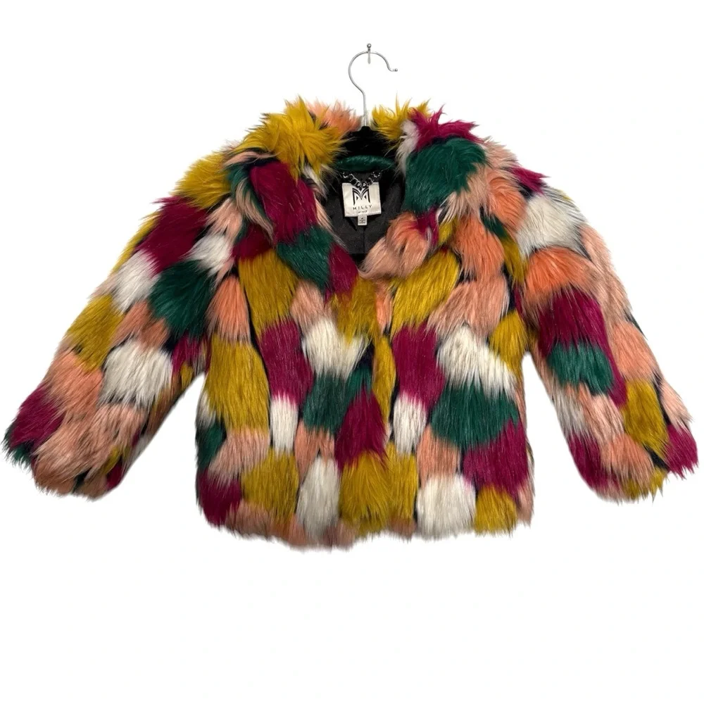 Milly Minis Girls Faux Fur Colorblock Jacket Size 4 Multicolor Patchwork Coat - Picture 1 of 10